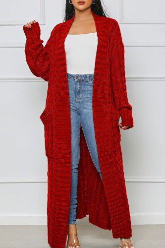Rote, lässige Street-Cardigan-Oberbekleidung mit Schlitz und einfarbigem Webmuster