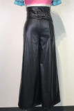 Black Fashion Casual Solid Patchwork Com Cinto Zíper Solto Cintura Alta Perna Larga Cor Sólida