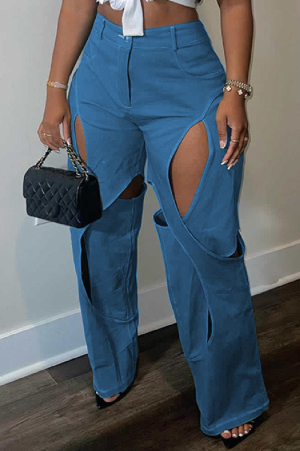Pantalones casuales sólidos ahuecados patchwork regular de cintura alta color sólido convencional azul
