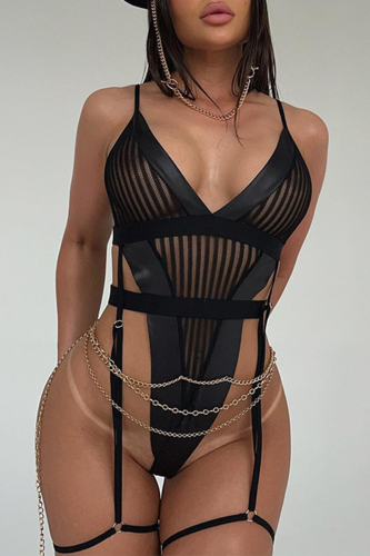 Black Sexy Solid Bandage Hollowed Out Patchwork Backless Lingerie(Without Waist Chain )