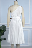 White Casual Solid Backless With Belt Oblique Collar Sleeveless Dress Dresses