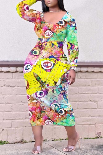 Multicolor Casual Print Basic O Neck Long Sleeve Dresses