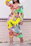 Vestidos de manga larga con cuello en O básico con estampado informal multicolor