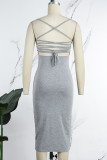 Grey Sexy Casual Solid Cross Straps Spaghetti Strap Sleeveless Dress Dresses