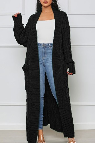 Schwarze, lässige Street-Cardigan-Oberbekleidung mit Schlitz und einfarbigem Webmuster