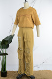 Earth Yellow Casual Letter Embroidery Ripped Patchwork O Neck Short Sleeve Two Pieces