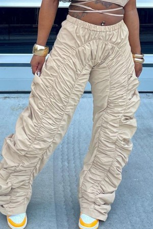 Albicocca Casual Solid Fold Regular Vita alta Pantaloni tinta unita convenzionali