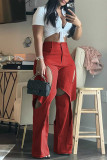 Pantalon décontracté solide évidé patchwork taille haute classique couleur unie rouge