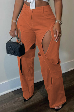 Antique Brass Casual Solid Hollowed Out Patchwork Regular High Waist Conventional Solid Color Trousers