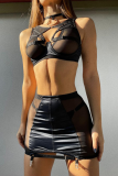 Zwart sexy effen uitgehold patchwork doorzichtige metalen accessoires decoratie lingerie (driedelige sets)