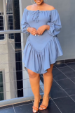 Blue Casual Sweet Daily Simplicity Patchwork Frenulum Flounce Solid Color Off the Shoulder Dresses