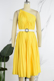 Yellow Casual Solid Backless With Belt Oblique Collar Sleeveless Dress Dresses