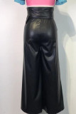 Black Fashion Casual Solid Patchwork Com Cinto Zíper Solto Cintura Alta Perna Larga Cor Sólida