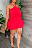 Red Casual Sweet Daily Simplicity Flounce Solid Color Halter Sleeveless Two Pieces