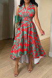 Red Green Casual Daily Elegant Simplicity Floral With Belt Asymmetrical Printing V Neck Dresses