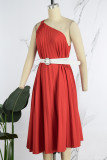 Red Casual Solid Backless With Belt Oblique Collar Sleeveless Dress Dresses