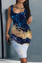 Robes de robe de gilet de base de col en U à imprimé décontracté bleu foncé