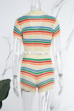 Red Blue Casual Striped Patchwork V Neck Short Sleeve Two Pieces
