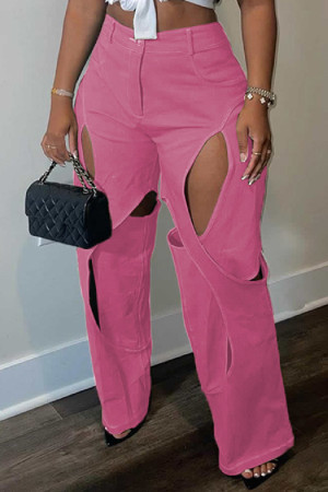 Rose Red Casual Hollowed Out High Waist Straight Leg Denim Cargo Pants