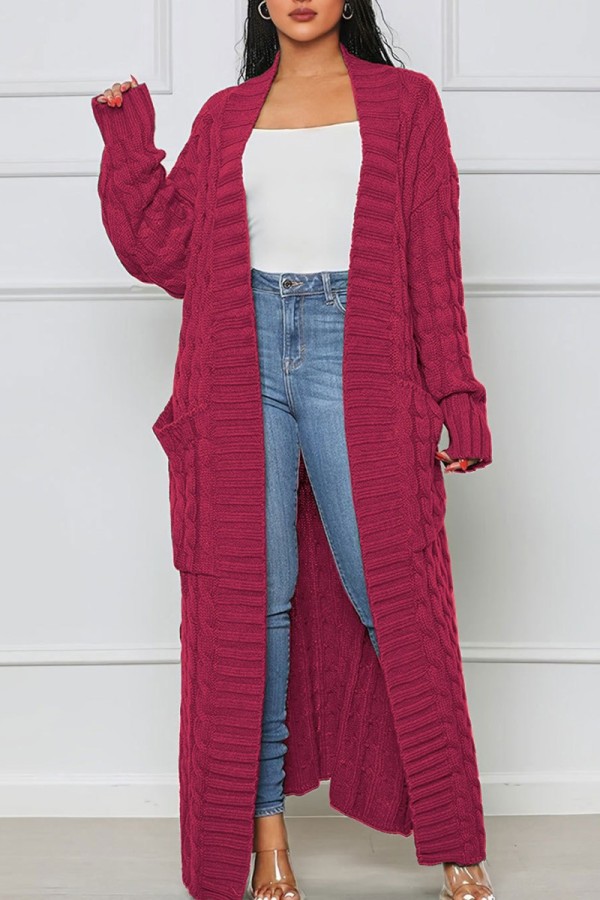Prendas de abrigo de tejido de cárdigan con abertura sólida de calle informal rosa roja rosa