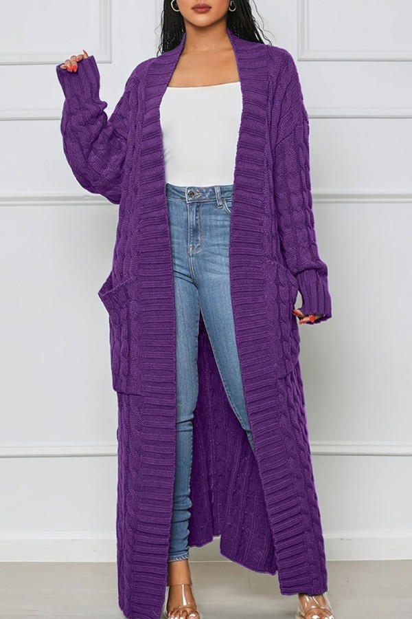 Prendas de abrigo de tejido de cárdigan con abertura sólida de calle casual púrpura