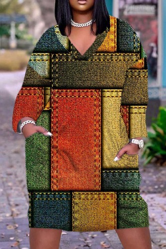 Multicolor Casual Print Patchwork V Neck Long Sleeve Dresses