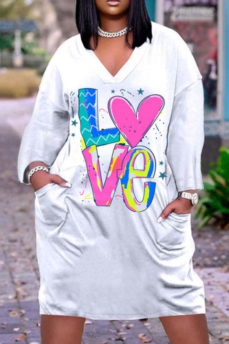 White Pink Casual Print Patchwork V Neck Long Sleeve Dresses