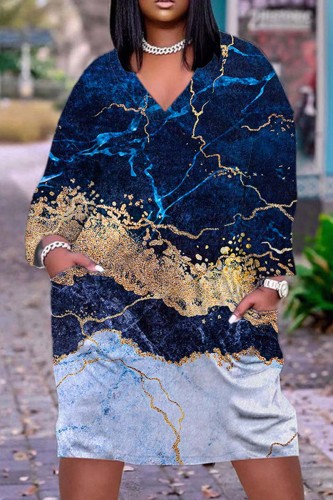 Deep Blue Casual Print Patchwork V Neck Long Sleeve Dresses