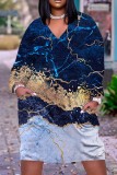 Diepblauwe casual print patchwork jurken met V-hals en lange mouwen