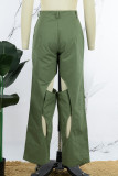 Kaki Casual Solid Hollow Out Patchwork Regular Vita alta Pantaloni convenzionali in tinta unita