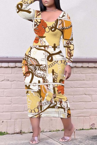 Khaki Casual Print Basic O Neck Long Sleeve Dresses