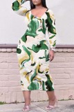 Green Casual Print Basic O Neck Long Sleeve Dresses