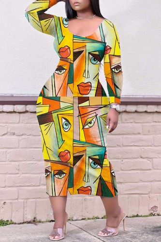 Yellow Casual Print Basic O Neck Long Sleeve Dresses