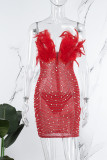 Vestidos formais de festa vermelho sexy com babados transparentes e decote em V