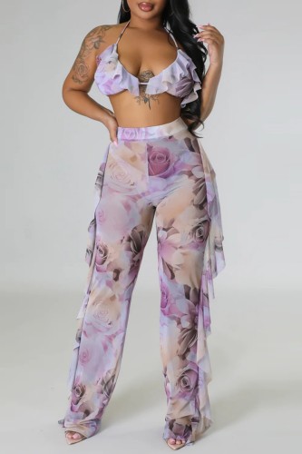 Purple Sexy Print Bandage Patchwork See-through Backless Swimsuit Three Piece Set