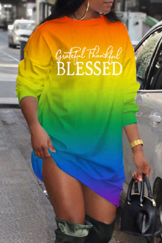 Orange Yellow Casual Print Basic O Neck Long Sleeve Dresses