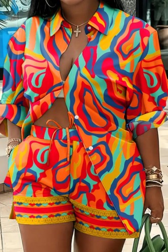 Tangerine Red Casual Print Patchwork Turndown Collar Long Sleeve Two Pieces Blouse Tops And Shorts Sets