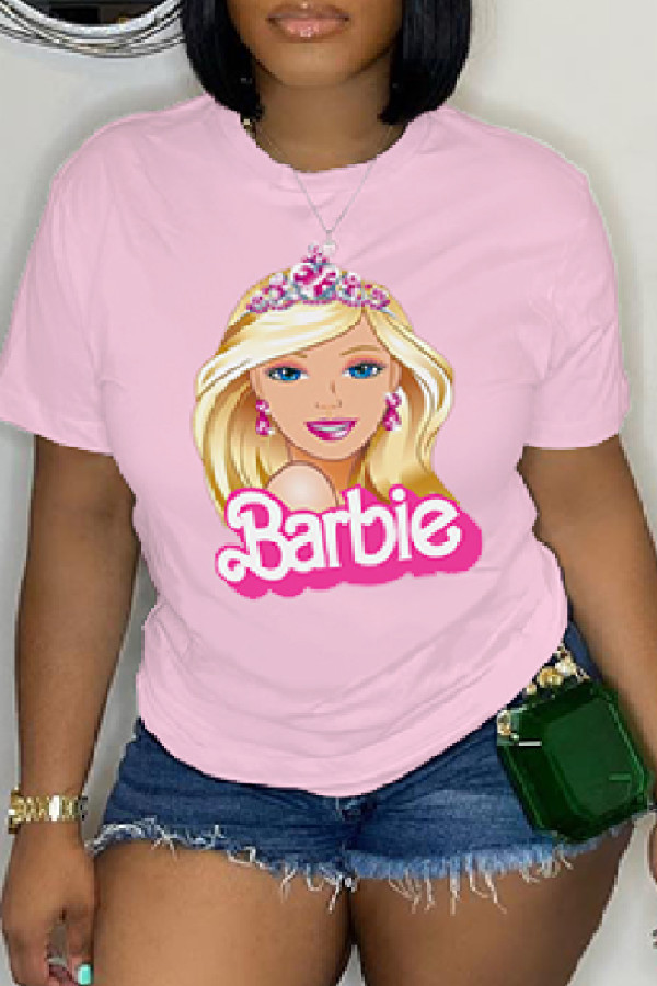 Camisetas casuais rosa estampadas básicas com decote em O