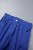 Blaue Street Solid ausgehöhlte Patchwork-Hose mit normaler, gerader, einfarbiger Hose und hoher Taille