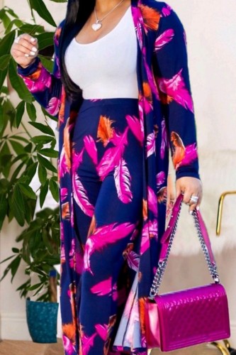 Purple Casual Print Cardigan Pants Plus Size Two Pieces (Subject To The Actual Object )