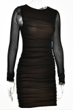 Черные сексуальные сплошные лоскутные прозрачные сетчатые платья с круглым вырезом и юбкой с запахом