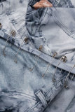 Azzurro Elegante Stampa Frenulo Accessori in metallo Decorazione Senza schienale Cinturino per spaghetti Senza maniche Due pezzi
