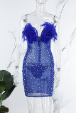 Blue Sexy Party Formal Hot Drilling See-through Beading V Neck Sheath Dresses