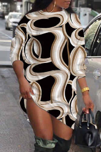 Khaki Casual Print Basic O Neck Long Sleeve Dresses