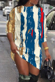 Абрикосово-синие повседневные базовые платья с круглым вырезом и длинными рукавами с принтом