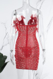 Red Sexy Party Formal Hot Drilling See-through Beading V Neck Sheer Robes