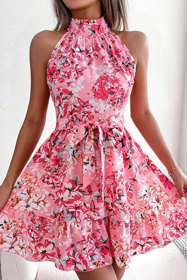 ピンクの甘いプリント パッチワーク 小帯フラウンス半分タートルネック ウエスト スカート ドレス