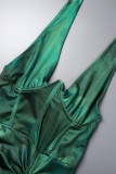 Green Street Print Draw String Backless High Opening Halter Irregular Dress Dresses