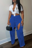 Turquoise Street Solid Hollowed Out Patchwork Regular High Waist Straight Solid Color Bottoms