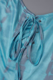 Blue Sweet Print Backless Cross Straps Spaghetti Strap Regular Jumpsuits